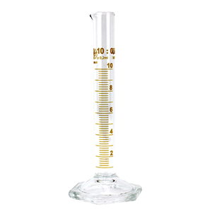 Simax Measuring Cylinder with Hex Base and Spout, Tall Form, Class A, 10mL, 15.5x135(H) mm, Blue Stain Grad, Boro Glass, European, Each Each