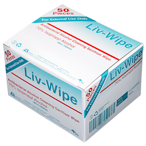 Liv-Wipe Antibacterial Alcohol Cleaning Sanitiser Wipe, 70 Percent Isopropyl Alcohol, 18.5 x 14cm, Prefolded, 50 Single Pouch/Box Box