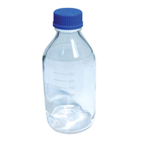 Marienfeld Lab Reagent Bottle, 250ml, Clear, Narrow Mouth, Blue PP Cap and Outlet Ring, Square, Borosilicate Glass, European, Each Each