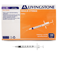 Livingstone Insulin Syringes, 0.3ml, with White Plunger, with Needle 31 Gauge x 0.32 Inch, 8mm, Sterile, 100 Pieces/Box Box