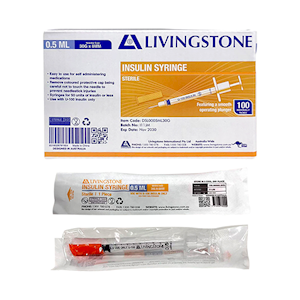 Livingstone Insulin Syringes, 0.3ml, with White Plunger, with Needle 31 Gauge x 0.32 Inch, 8mm, Sterile, 100 Pieces/Box Box