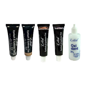 Lilith Eyelash & Eyebrow Tints, 15ml Tube, 4 Colours (Blue Black Graphite, Brown, Black & Light Brown) with 100ml Tube Creme Oxidant, Each Kit