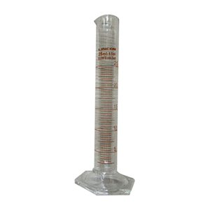 Lincon Measuring Cylinder with Hex Base and Spout, Tall Form, Class A, 25mL, 22 x 160(H) mm, Amber Stain Grad, Boro Glass, 1/Box Box