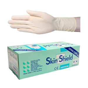Skin Shield Biodegradable Latex Examination Gloves, AS NZ Standard, Powder Free, Long Cuff, 30cm, Large, Cream Colour, 100/Box Box