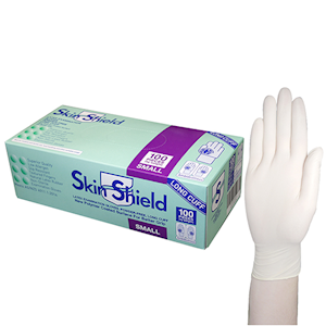 Skin Shield Biodegradable Latex Examination Gloves, AS NZ Standard, Powder Free, Long Cuff, 30cm, Large, Cream Colour, 100/Box Box