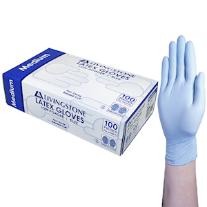 Livingstone Biodegradable Latex Examination Gloves, ASTM, Low Powder, Large, Blue Colour, 100/Box Box