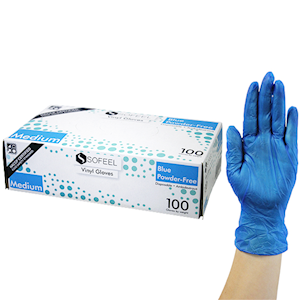 Sofeel Vinyl Gloves, Recyclable, 5.0g, Powder Free, Large, Blue, HACCP Grade, 100/Box Box.