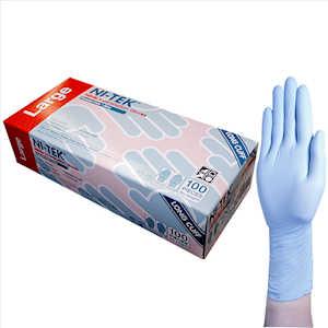 Ni-Tek Nitrile Examination Gloves, Long Cuff 300mm, AS/NZ Standard, Powder Free, EN374, Large, Blue, HACCP Grade, 100/Box Box