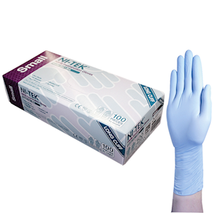 Ni-Tek Nitrile Examination Gloves, Long Cuff 300mm, AS/NZ Standard, Powder Free, EN374, Large, Blue, HACCP Grade, 100/Box Box