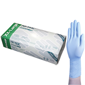 Ni-Tek Nitrile Examination Gloves, Long Cuff 300mm, AS/NZ Standard, Powder Free, EN374, Large, Blue, HACCP Grade, 100/Box Box