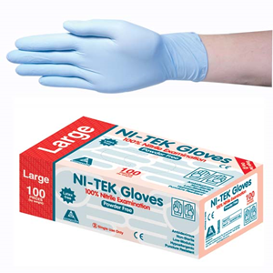 Ni-Tek Nitrile Premium Examination Gloves, AS NZ Standard, Powder Free, EN374, Large, Blue, HACCP Grade, 100/Box Box