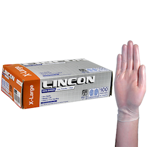 Lincon Vinyl Gloves, Recyclable, 5.5g, Low Powder, Large, Clear, HACCP Grade, 100/Box Box