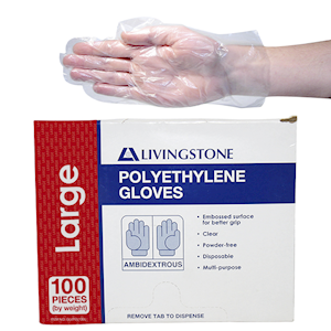 Livingstone Disposable Polyethylene Gloves, Large, Embossed, Ambidextrous, Recyclable, Clear, 100/Pack Pack