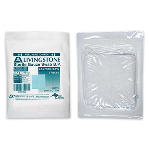 Livingstone Sterile Gauze Swabs, 5 x 5 cm x 8 ply, White, 100 Percent Cotton, 1 Swab/Pack, 3000 Packs/Carton Carton