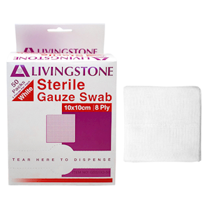 Livingstone Sterile Gauze Swabs, 5 x 5 cm x 8 ply, White, 100 Percent Cotton, 1 Swab/Pack, 3000 Packs/Carton Carton
