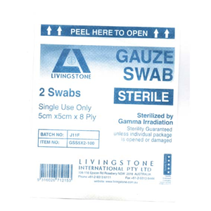 Livingstone Sterile Gauze Swabs, 5 x 5 cm x 8 ply, White, 100 Percent Cotton, 1/Pack, Loose Loose