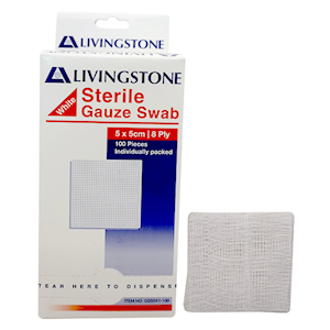 Livingstone Sterile Gauze Swabs, 5 x 5 cm x 8 ply, White, 100 Percent Cotton, 1 Swab/Pack, 3000 Packs/Carton Carton