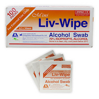 Liv-Wipe Mini Alcohol Swabs, Prep Pad, 70 Percent Isopropyl Alcohol Sanitiser, 62 x 30mm, Gamma Sterilised, 100/Box Box