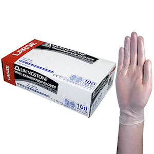 Livingstone Vinyl Examination Gloves, Recyclable, 6.5g, Powder Free, Large, Clear, HACCP Grade, 100/Box Box