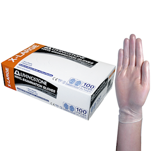 Livingstone Vinyl Examination Gloves, Recyclable, 6.5g, Powder Free, Large, Clear, HACCP Grade, 100/Box Box