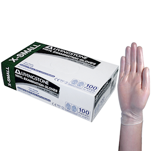 Livingstone Vinyl Examination Gloves, Recyclable, 6.5g, Powder Free, Large, Clear, HACCP Grade, 100/Box Box