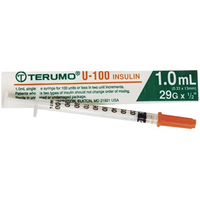 Terumo Insulin Syringes, 1ml, with Needle 29 Gauge x 0.5 Inch, 13mm, Sterile, 100 Pieces/Box Box