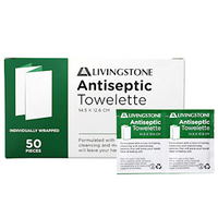 Livingstone Antiseptic Antibacterial Antimicrobial Towelette Wipe, 14.5 x 12.6cm, Gentle Alcohol Free, Single Packed, 50/Box Box