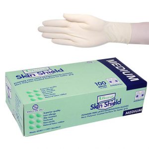 An image of a hand with a white latex glove on it, with a box of the glove pack below.