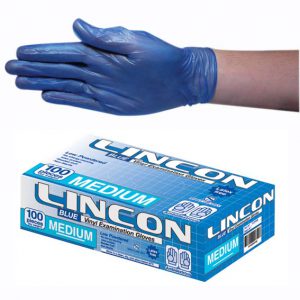 An image of a hand with a blue vinyl food preparation glove on it, and a box of the glove pack underneath.