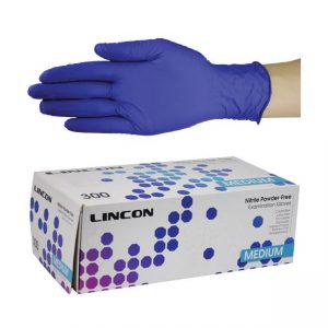 An image of a hand wearing a blue nitrile glove, with a box of the glove pack underneath.
