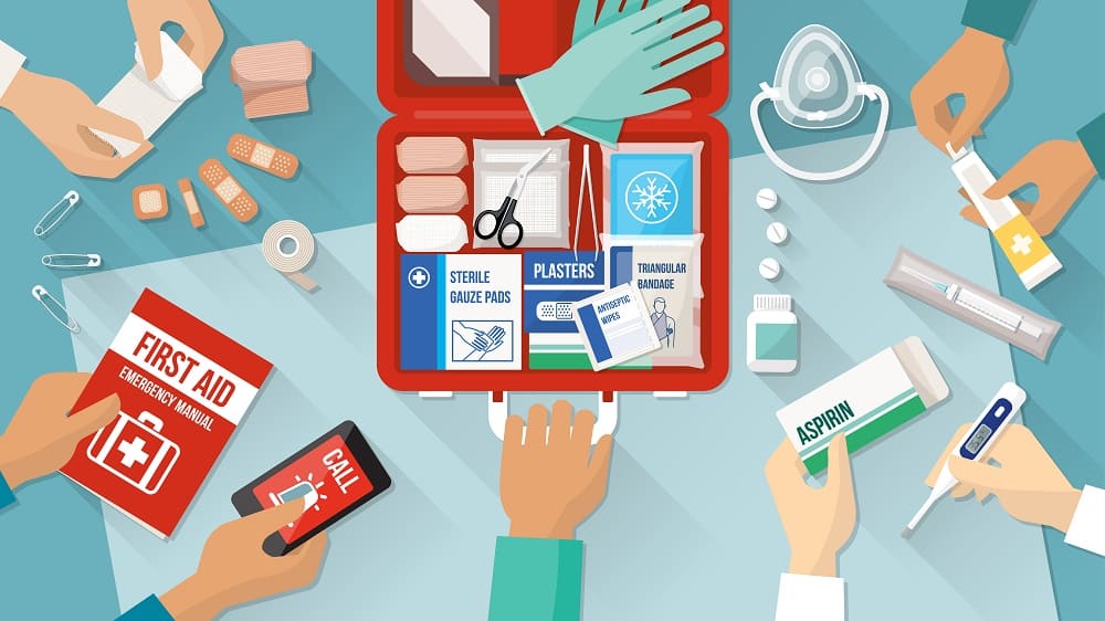 A graphic of a first aid kit with items coming out of it, and many hands reaching for items.