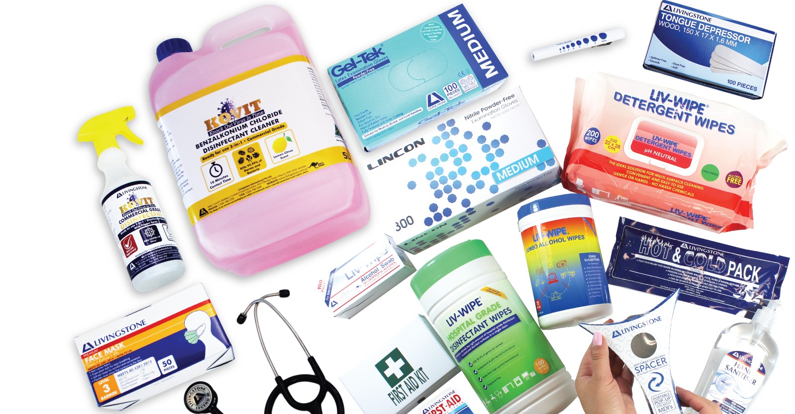 Medical Supplies in a flatlay from Livingstone International