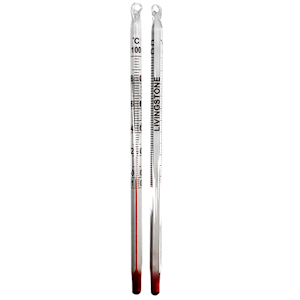 Livingstone Laboratory Thermometer, Red Spirit, 0 to 150degC, 1.0deg Division, 76mm Immersion, 300mm Length, Each Each