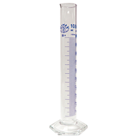 Simax Measuring Cylinder with Hex Base and Spout, Tall Form, Class A, 10mL, 15.5x135(H) mm, Blue Stain Grad, Boro Glass, European, Each Each
