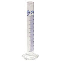 Simax Measuring Cylinder with Hex Base and Spout, Tall Form, Class A, 25mL, 21.3x160(H)mm, Blue Stain Grad, Boro Glass, European, Each