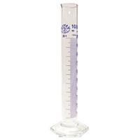 Simax Measuring Cylinder with Hex Base and Spout, Tall Form, Class A, 25mL, 21.3x160(H)mm, Blue Stain Grad, Boro Glass, European, Each