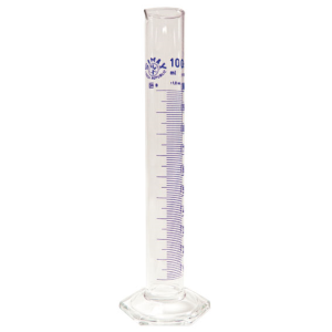 Simax Measuring Cylinder with Hex Base and Spout, Tall Form, Class A, 25mL, 21.3x160(H)mm, Blue Stain Grad, Boro Glass, European, Each