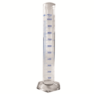 Simax Measuring Cylinder with Hex Base and Spout, Tall Form, Class A, 10mL, 15.5x135(H) mm, Blue Stain Grad, Boro Glass, European, Each Each