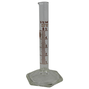 Simax Measuring Cylinder with Hex Base and Spout, Tall Form, Class B, 5mL, 12.9x115(H)mm, Amber Stain Grad, Boro Glass, European, Each