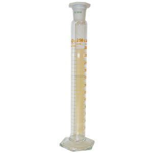 Measuring Mixing Cylinder w/ Hexagonal Base and Plastic Stopper, Class A, 250mL, SJ 24/29, Brown Stain Grad, Boro Glass, European, Each