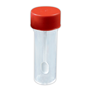 Aptaca Specimen Container, 25ml, 25 x 90mm, Screw Cap with Spoon, Recyclable Polystyrene, Sterile, Each Loose
