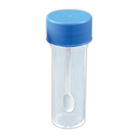 Aptaca Specimen Container with Blue Screw Cap and Spoon, 25mL, 25 x 90(H) mm, Unlabelled, Non-Sterile, Polystyrene, 100 Pieces/Bag Bag