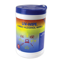 Liv-Wipe Antibacterial Alcohol Wipes, 70pct Isopropyl Alcohol Sanitiser, 42 x 14.5cm, Jumbo, 75/Recyclable Tub TUB