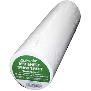 Liv Eco Draw Sheet or Bed Sheet, 60cm x 100metres, Nonwoven Linen Feel,Waterproof, Perforated at 200cm, 50 Sheets/Roll Each