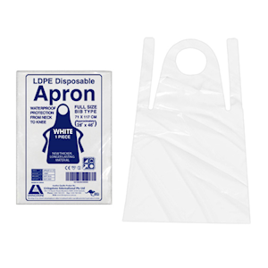 Livingstone Disposable Apron, 71 x 117cm, Recyclable LDPE, Bib Type, Single Pack, White, 100/Box Box