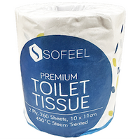 Sofeel Premium Toilet Tissues, 2-Ply, 11x10cm, 260 Sheets, Steam Treated, White, 48 Single Roll Paper Wrapped/Carton, NO PLASTIC Carton