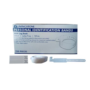 Livingstone Personal Identification Bands, Infant,with Log Book, Latex Free, White, Each Each