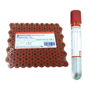 Livingstone Blood Collection Plastic Serum Tube, 10mL, 16 x 100mm, Red Non Spill Cap, 100/Pack Box