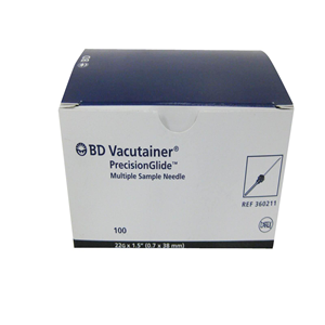 BD Vacutainer® Multiple Sample Needle, 22 Gauge x 1.5 Inches, 38mm, Black, Sterile, 100/Box Box