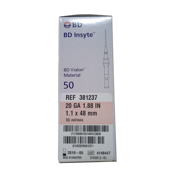 BD Insyte IV Cannula with BD Vialon Biomaterial, 20 Gauge x 1.16 Inches, 30mm, Pink, 50/Box (381234) Box
